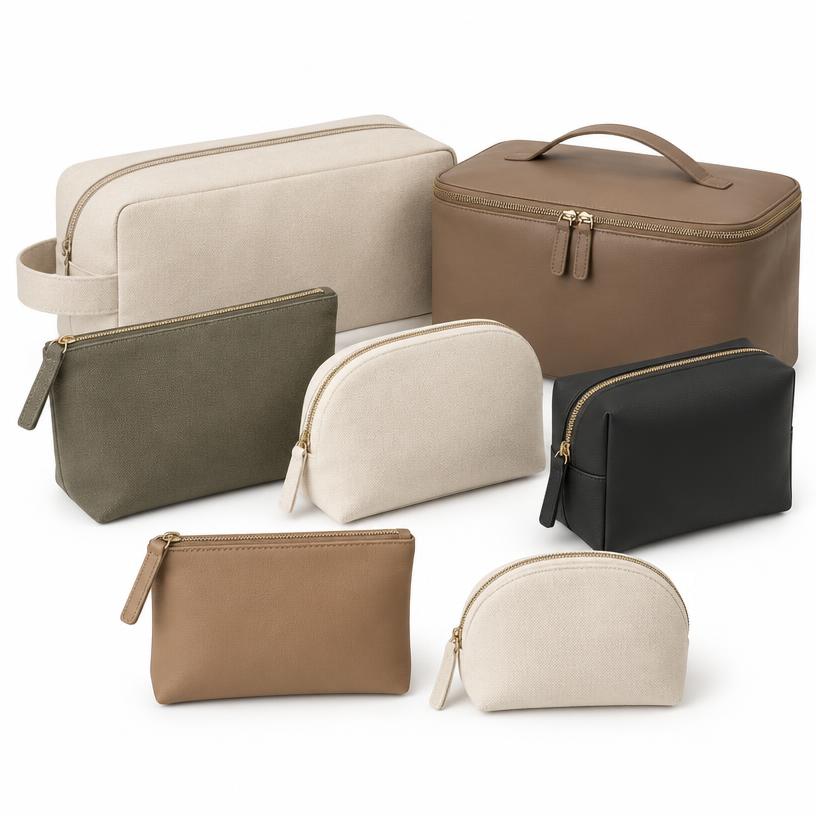 Cosmetic and Travel Pouches, Canvas, Vegan Leather