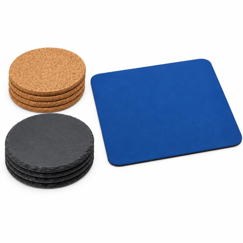 Coasters and Mouse Pads, Cork, Slate, Rubber
