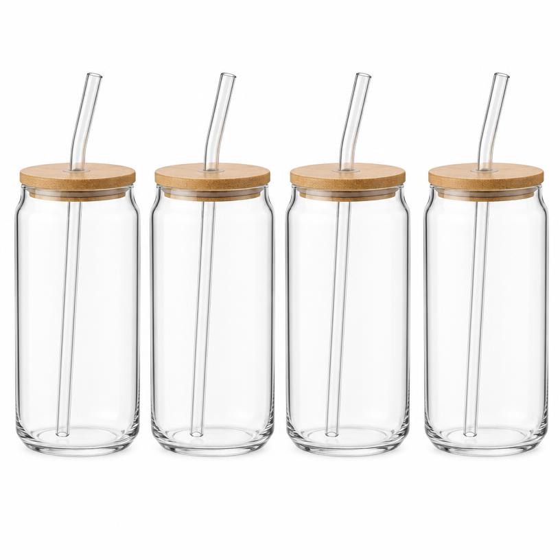 Glass Can Cups, Borosilicate Glass, Bamboo