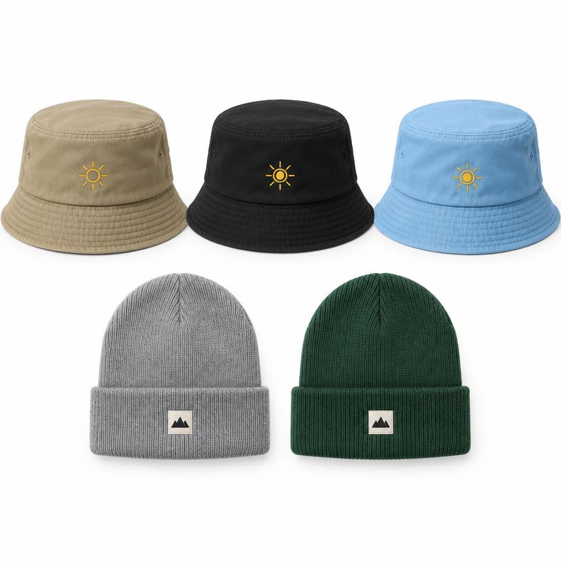 Bucket Hats and Beanies, Cotton Twill, Acrylic Knit